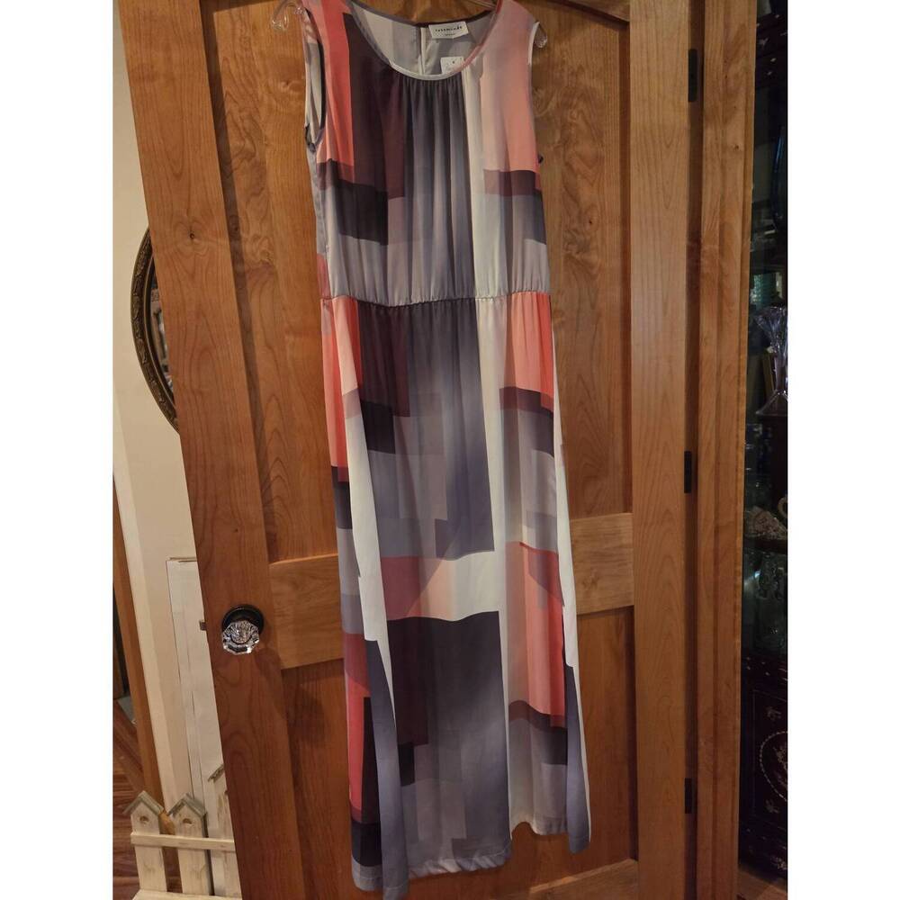 NEW ROSEMUNDE women's silky sleeveless maxi dress in coral/grey/white geo print